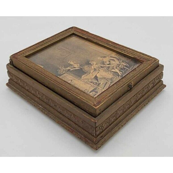 Antique 1920s Hand Carved Wood Jewelry Box French Victorian Print. Velvet Lining - Picture 1 of 16